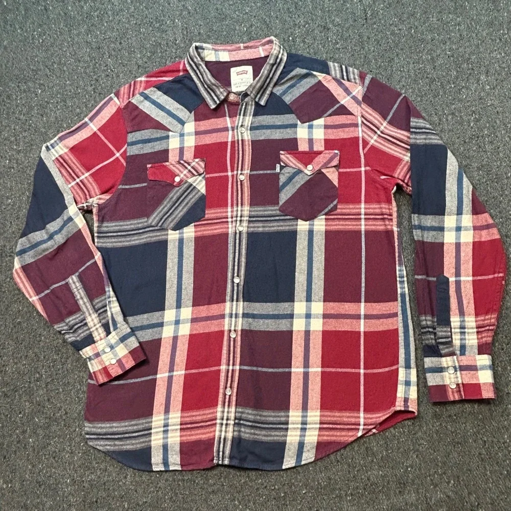 Levis Western Shirt XL Mens Red‎ Blue Plaid Pearl Snap Flannel Americana Rugged